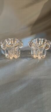 Vintage KIG Indonesia Clear Glass Candle Holders Pair, Flower Petal Bubble
